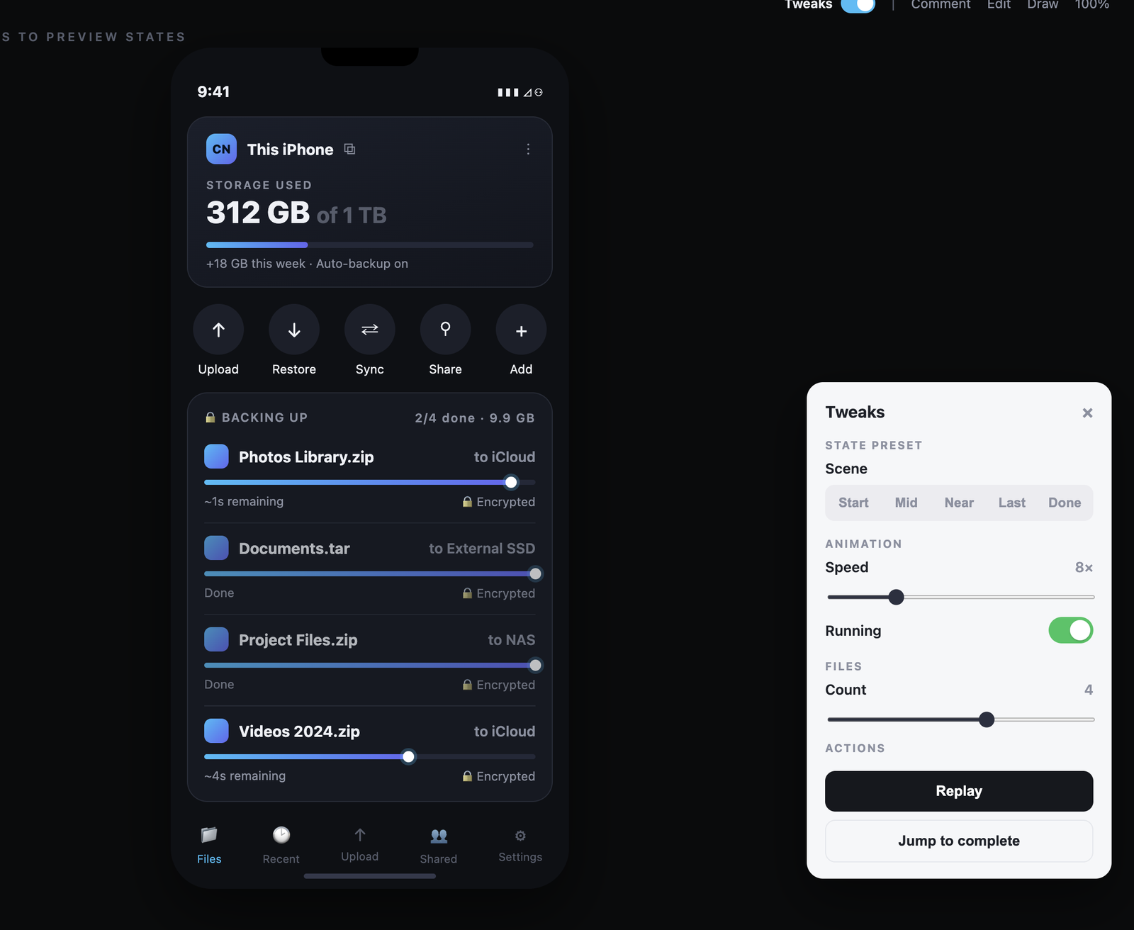 Tweaks panel u Claude Designu — kontrole za podešavanje prototipa u letu (dummy aplikacija)