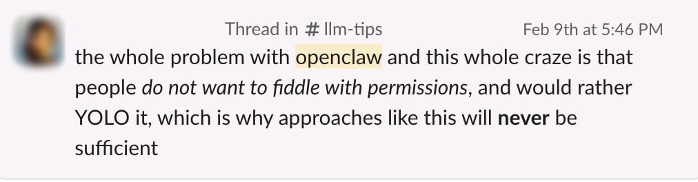 Poruka iz internog llm-tips kanala o OpenClawu.