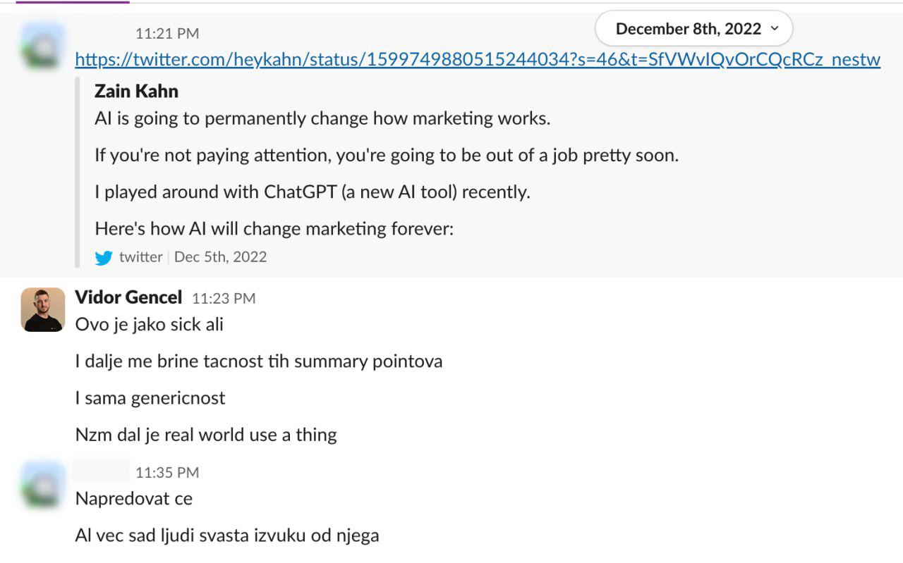 Slack prepiska iz decembra 2022.