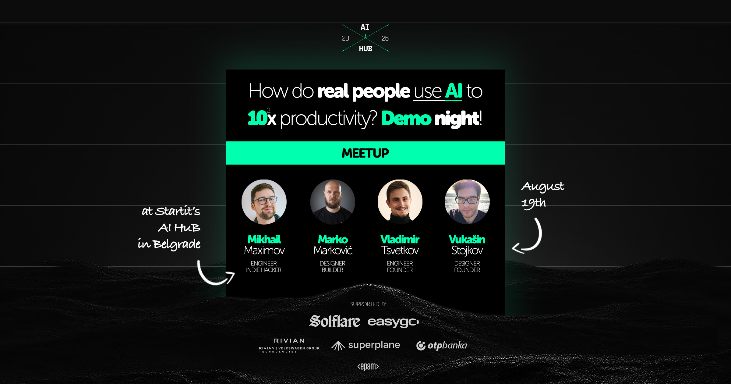 Demo veče u Startitovom AI Hubu u Beogradu, 19. avgusta — Mihail Maksimov, Marko Marković, Vladimir Cvetkov i Vukašin Stojkov