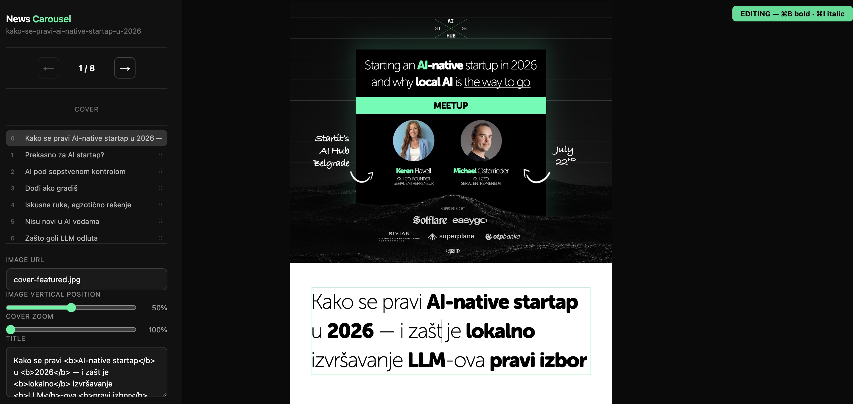 Editor karusela u browseru: levo spisak slajdova i polja za tekst, desno pregled slajda