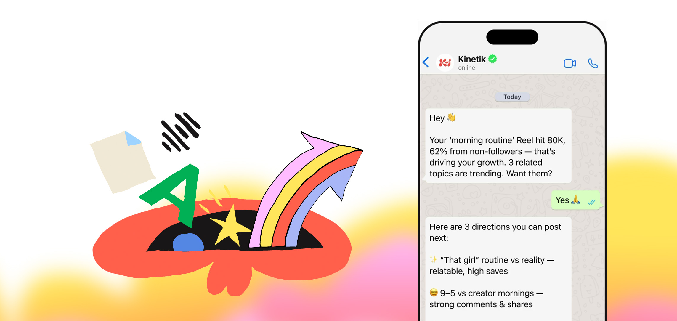 Kinetik AI agent — WhatsApp conversation with content suggestions
