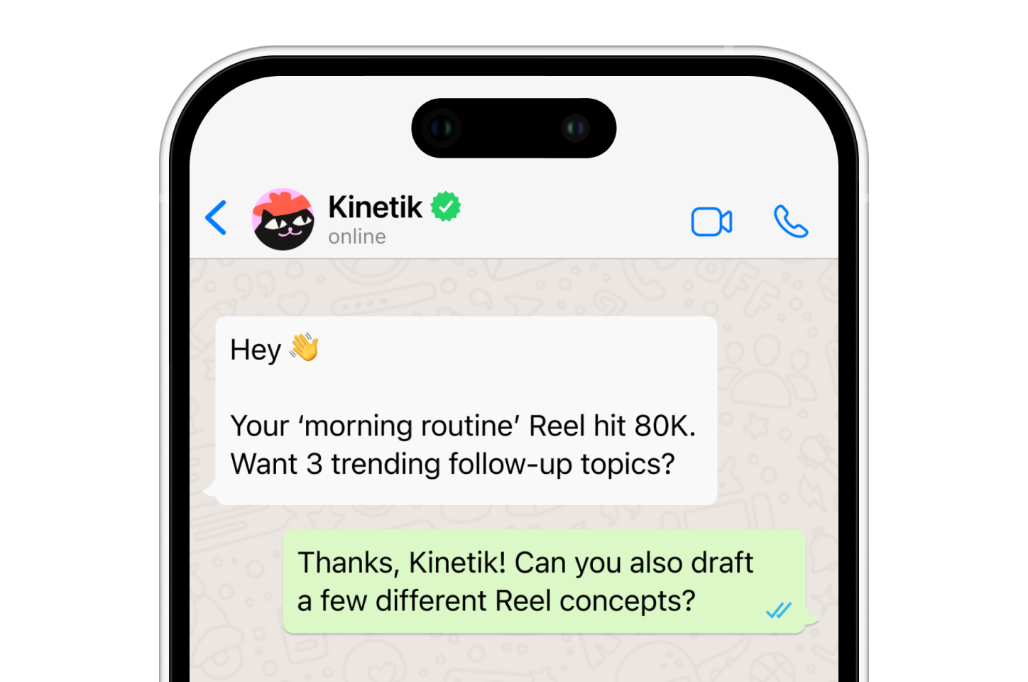 Kinetik u WhatsApp prepisci: agent javlja da je Reel dostigao 80.000 pregleda i nudi teme za nastavak