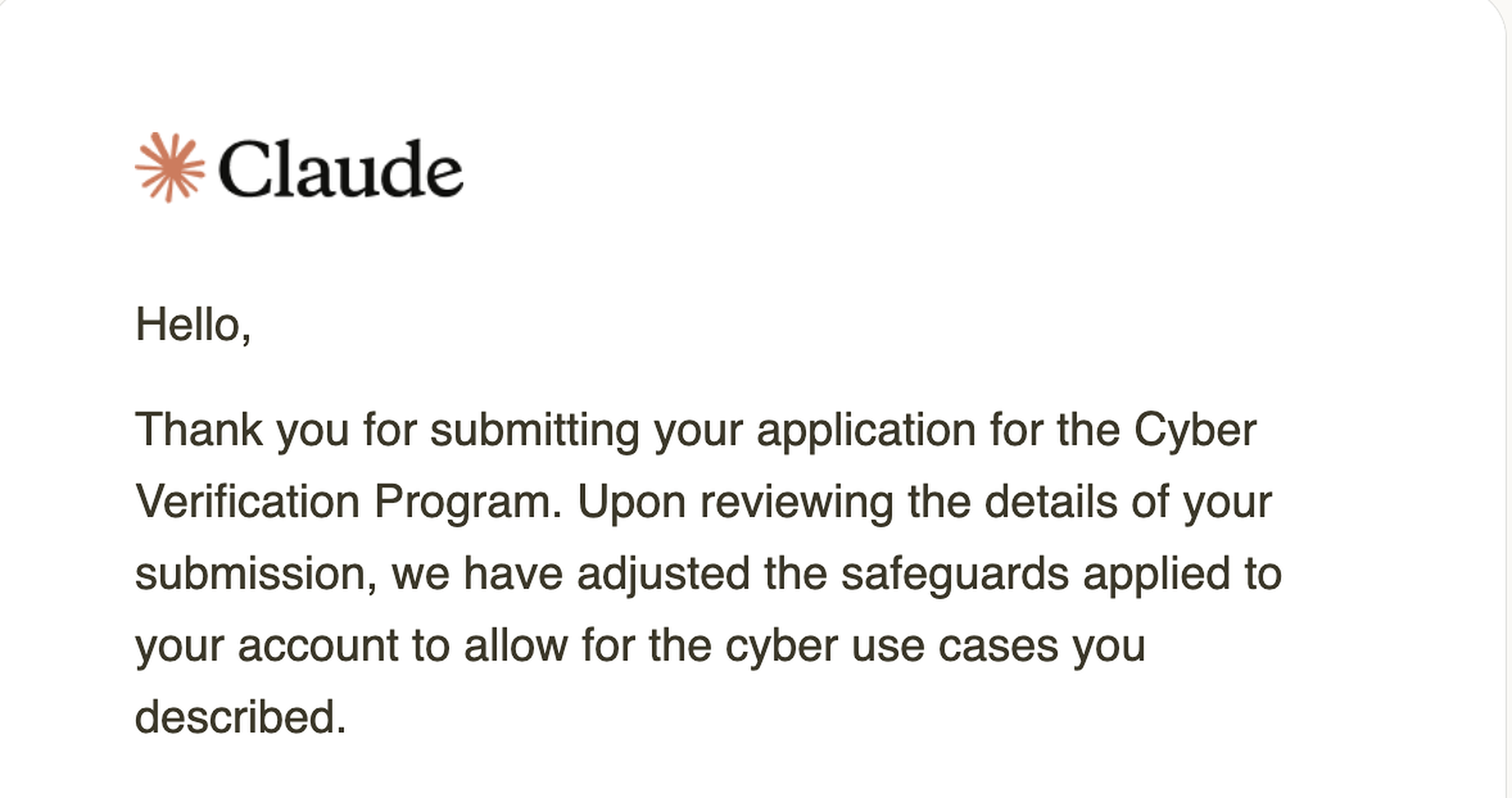Mejl o odobrenju Cyber Verification Programa