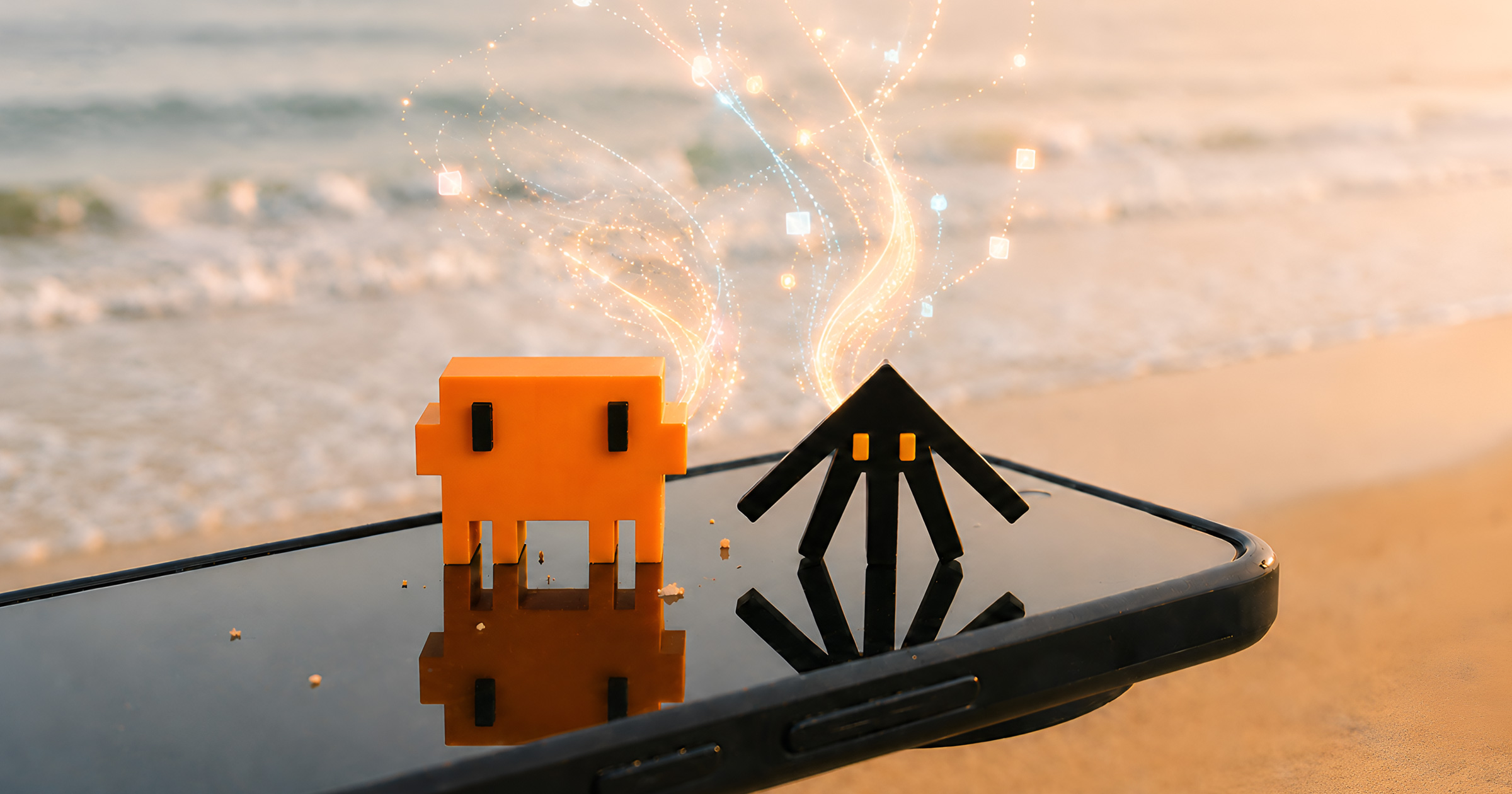 Ilustracija: rad sa plaže preko telefona i AI kodiranje