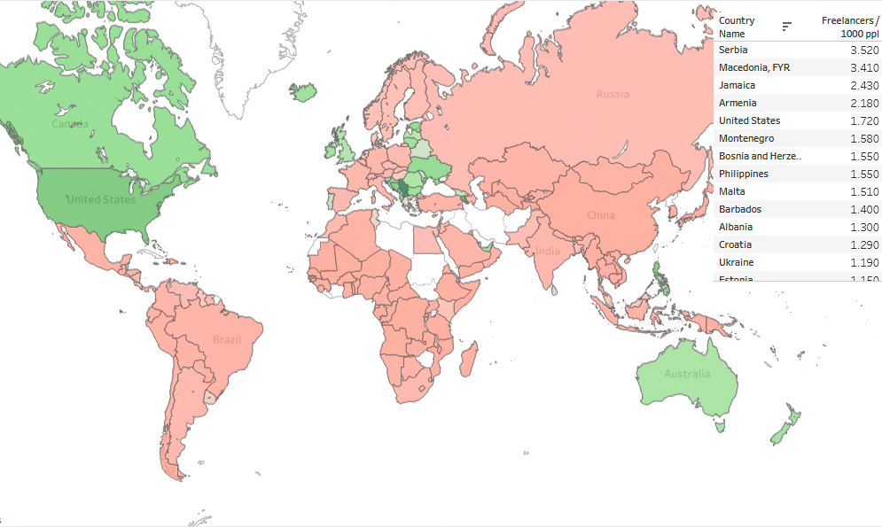 Mapa broja onlajn frilensera po glavi stanovnika