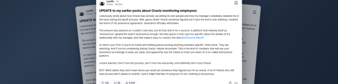 Oracle navodno oduzeo otpremninu zaposlenom koji je zbog otkaza anonimno kritikovao firmu na forumu