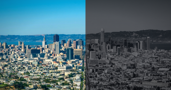 San Francisko - leva polovina u boji, desna crno-bela