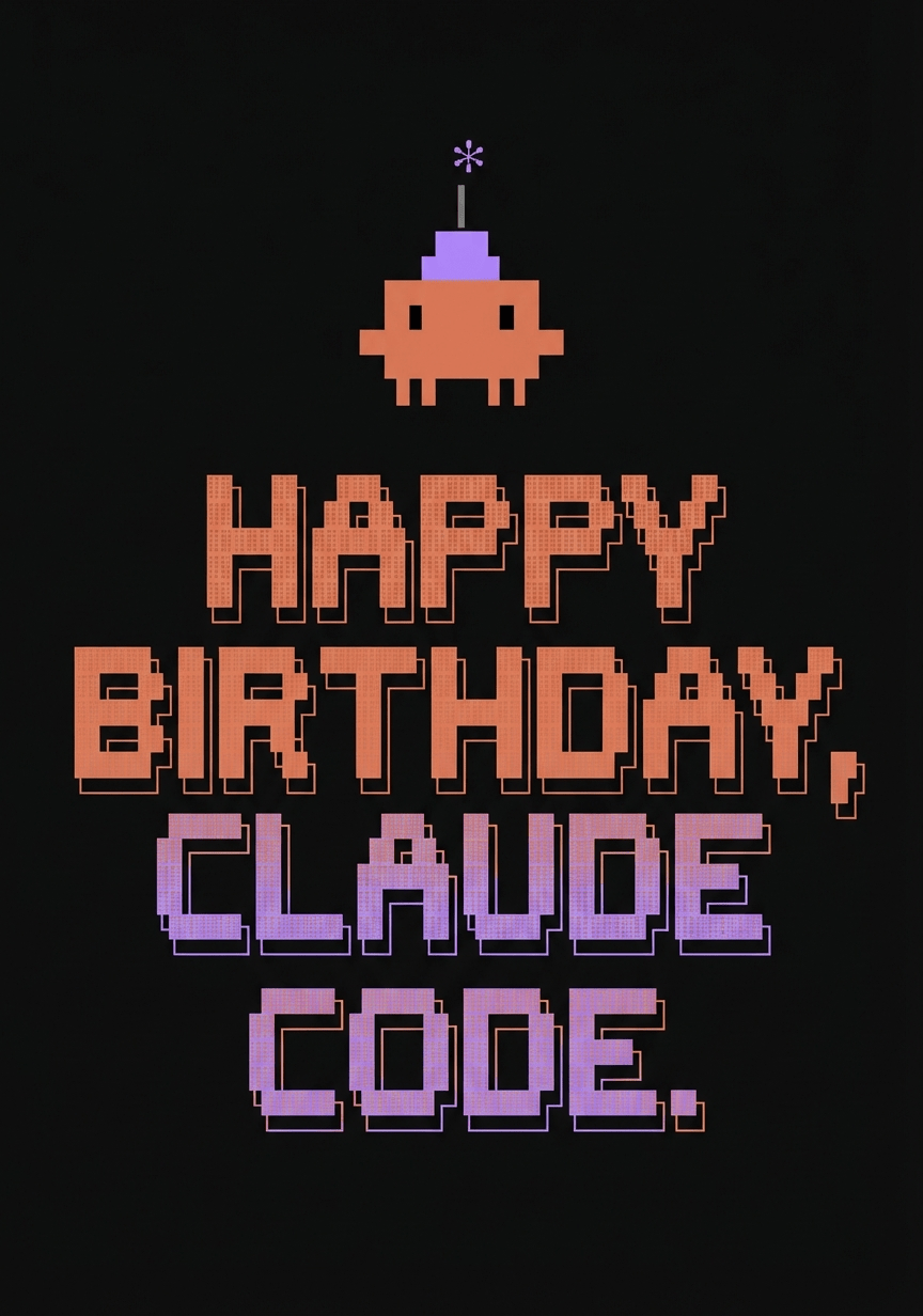 Claude Code prvi rođendan - pixel art birthday card